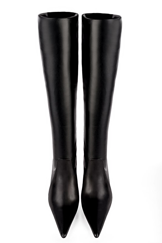 Satin black women's feminine knee-high boots. Pointed toe. Very high spool heels. Made to measure. Top view - Florence KOOIJMAN